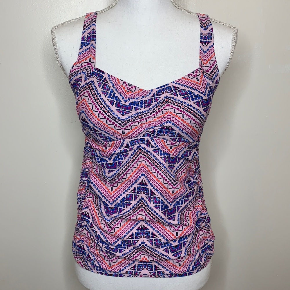 BEACH BUMP Maternity Swimsuit Top Pink Blue Crisscross Back Smocked Sides Small